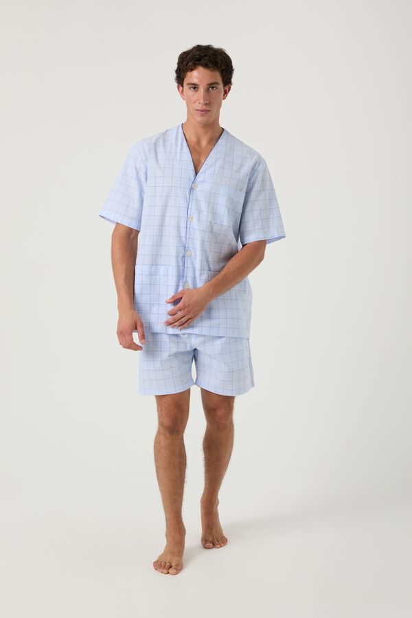Kiff-Kiff Pijama curto em popelina de xadrez com debrum azul jeans azul