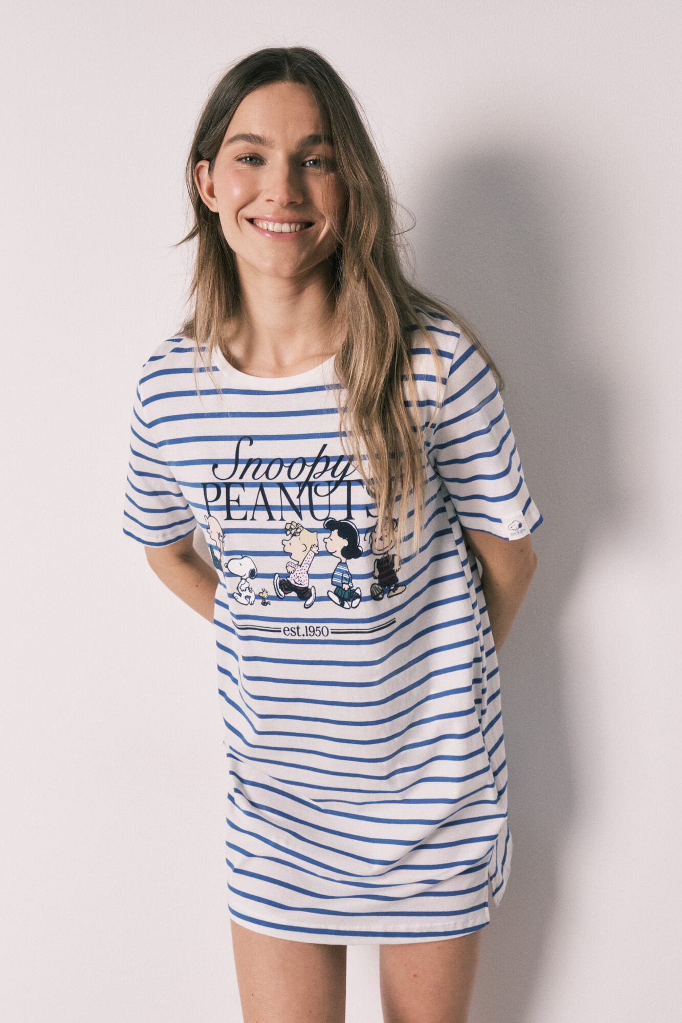 Women'secret Camisa de dormir curta Snoopy em algod&atilde;o &agrave;s riscas