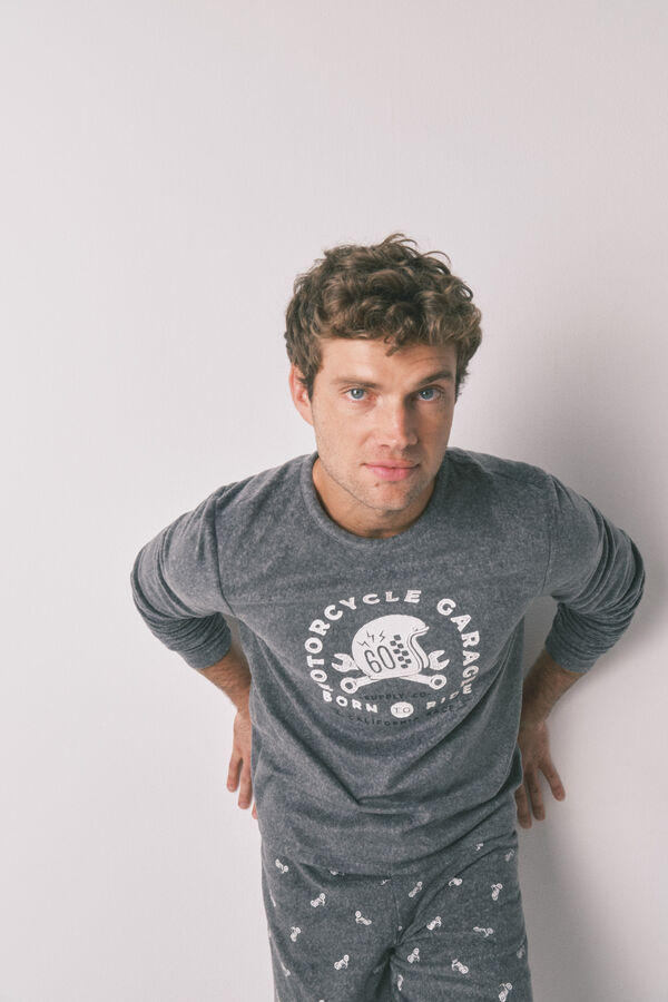 Women'secret Pijama comprido longo de polar masculino "Motocicleta" cinzento