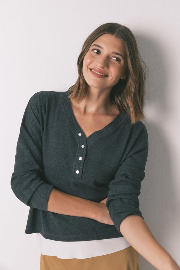 Women'secret T-shirt de manga manga waffle cinza cinzento