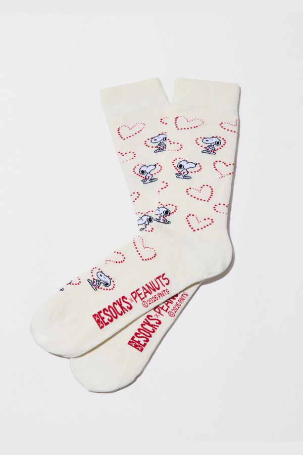 Besocks Meias altas Snoopy algod&atilde;o org&acirc;nico bege