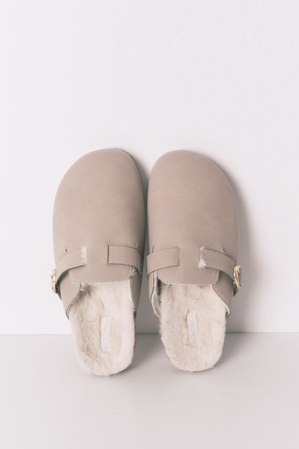 Women'secret Chinelos de quarto estilo tamanco de pele cinza cinzento