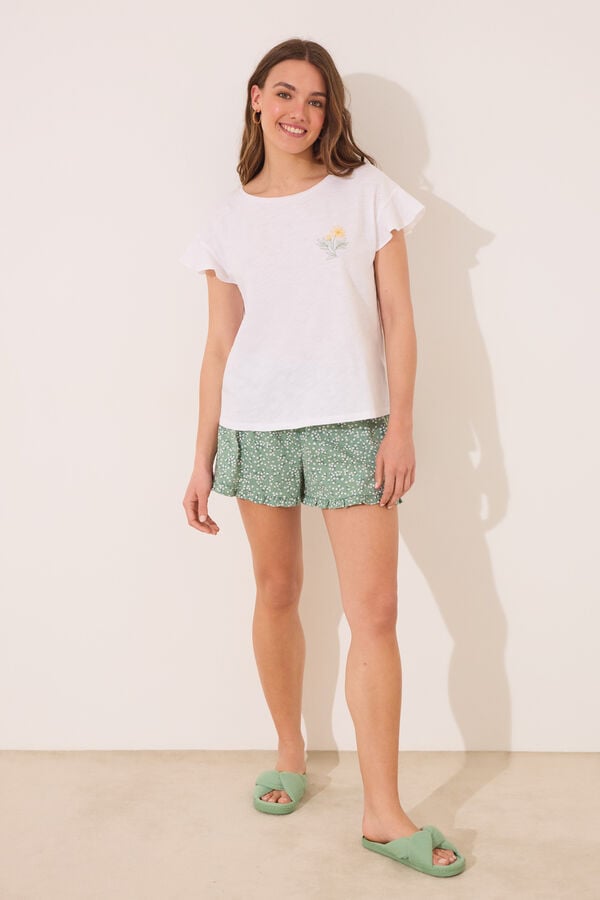 Women'secret Pijama curto 100% algodão branco e verde bege