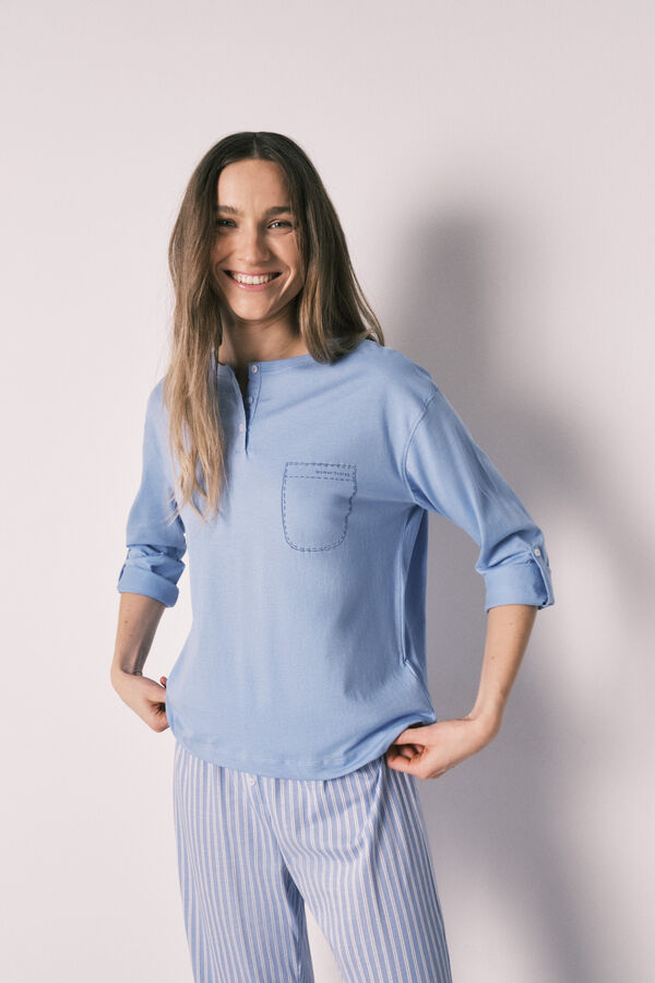 Women'secret Pijama comprido com cal&ccedil;as &agrave;s riscas em algod&atilde;o azul azul