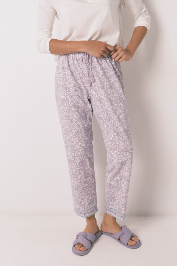 Women'secret Calça comprida cenoura 100% algodão lilás rosa