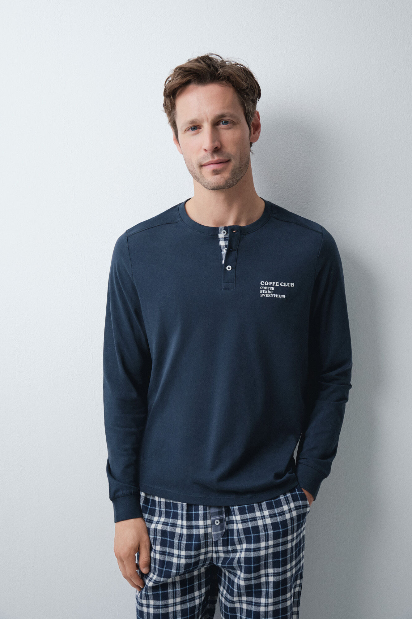 Women'secret Pijama comprido em algod&atilde;o azul-marinho xadrez
