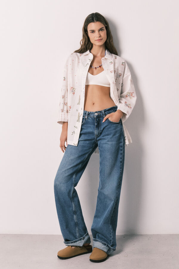 Women'secret Camisa de manga comprida em popelina com estampado floral branco