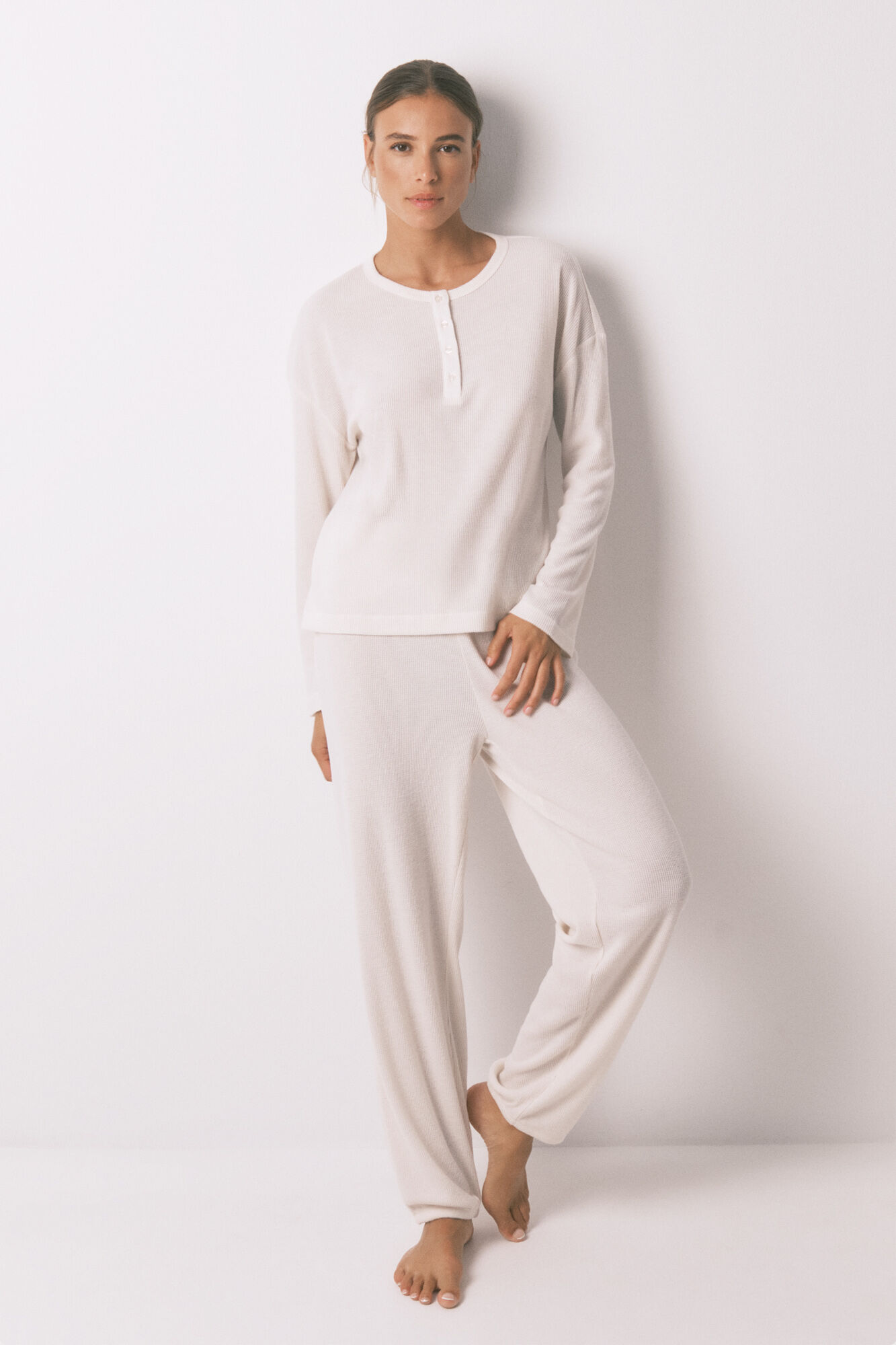 Women'secret Pijama comprido branco com textura waffle