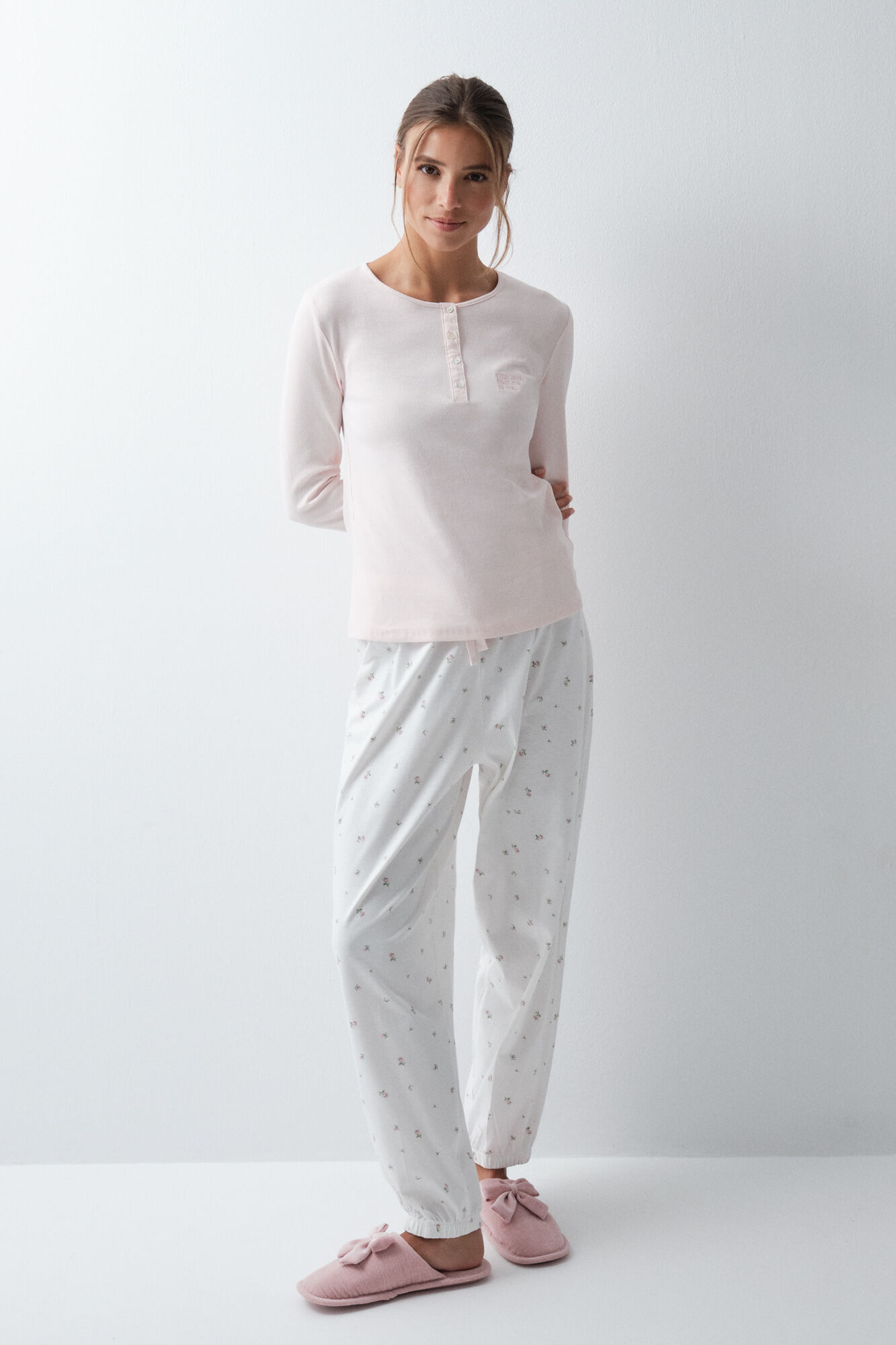 Women'secret Pijama comprido em algod&atilde;o com estampado de flores rosa claro