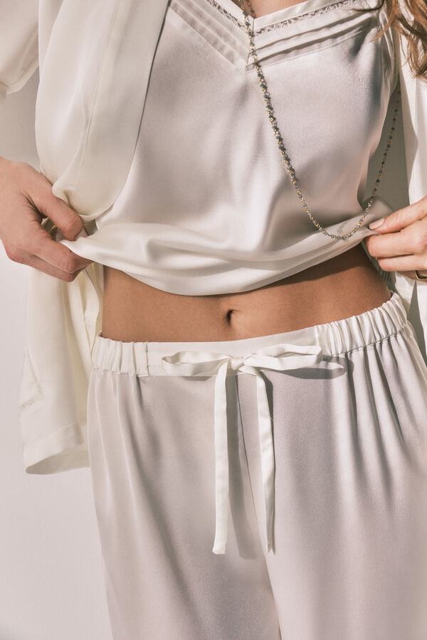 Women'secret Conjunto pijama comprido e robe cetim branco bege