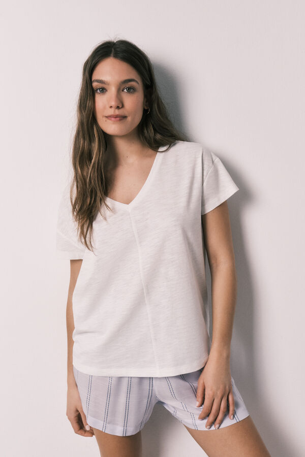 Women'secret Pijama curto em algod&atilde;o e viscose &agrave;s riscas bege