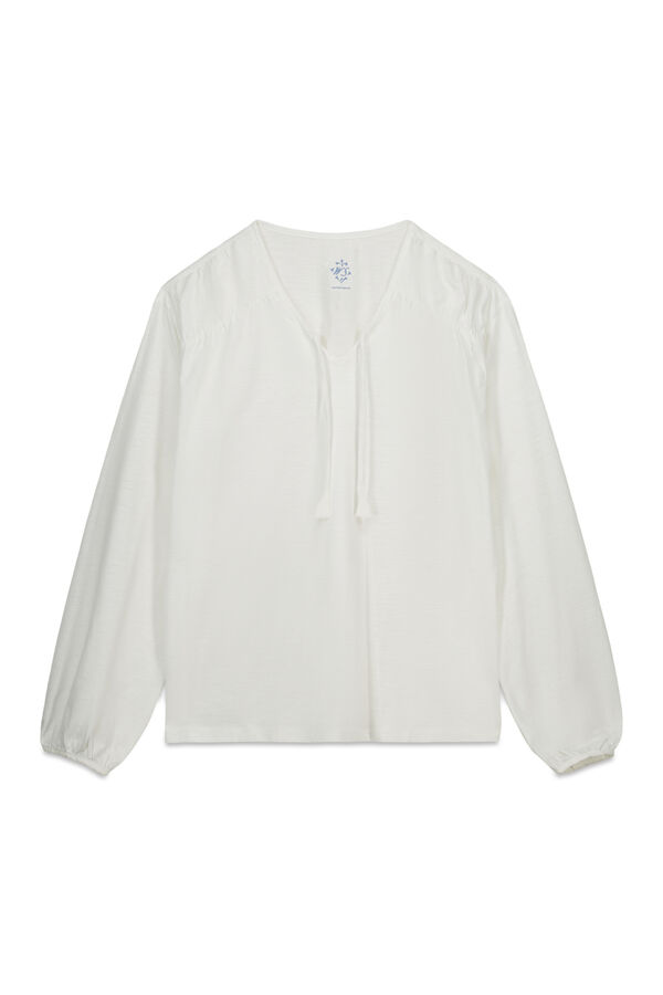 Women'secret T-shirt manga comprida franzida em algod&atilde;o branco bege