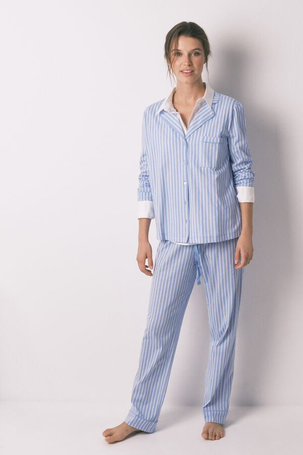 Women'secret Pijama camiseiro longo riscas azul 100% algodão azul