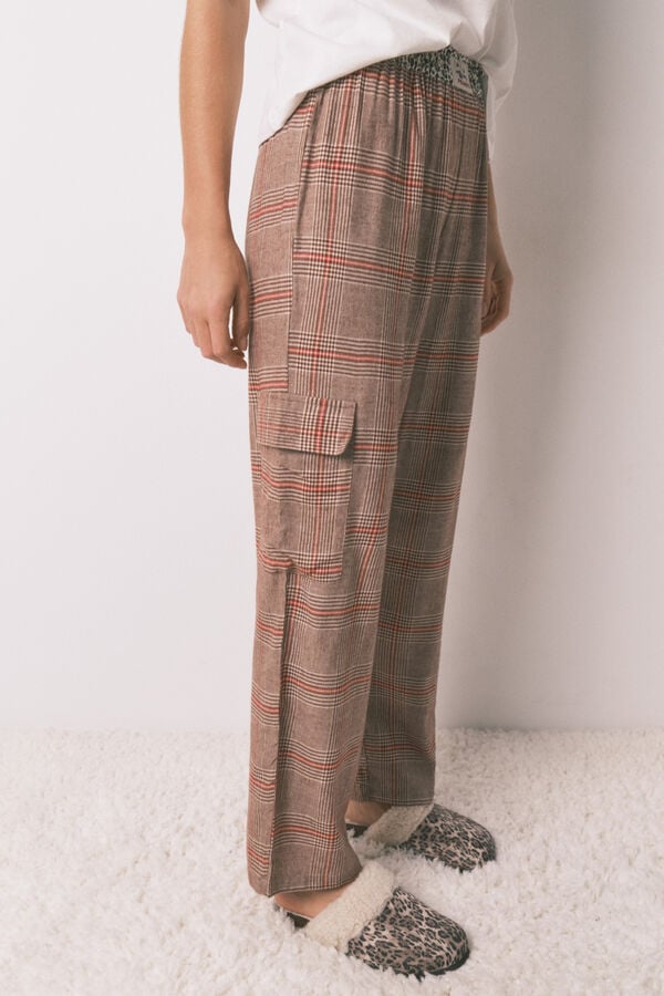 Women'secret Pijama longo 100% algodão estampado xadrez Snoopy bege