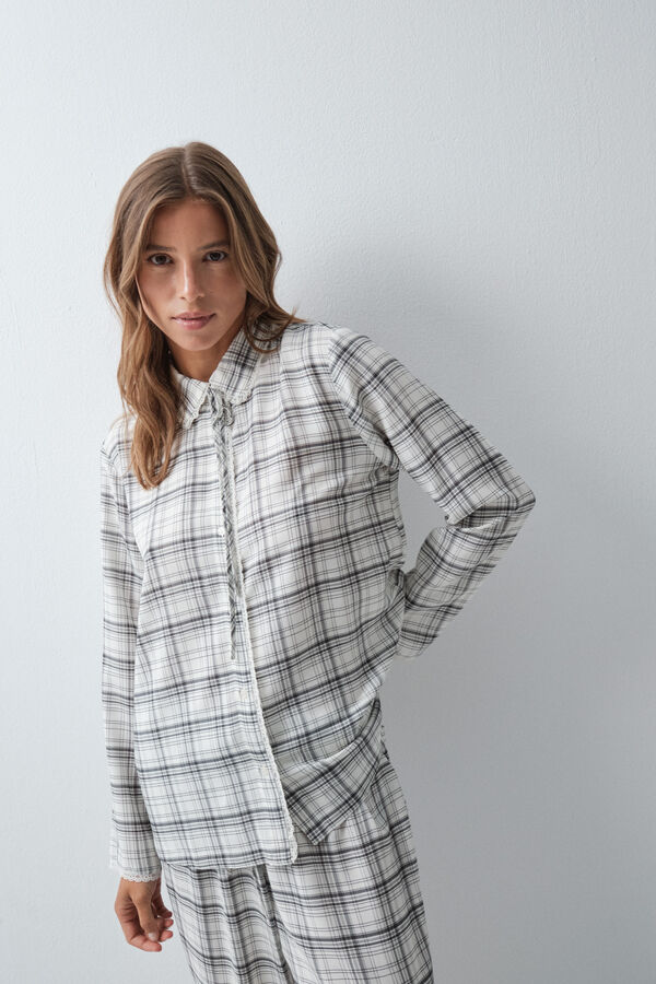 Women'secret Pijama comprido camiseiro em xadrez com detalhes em renda branco