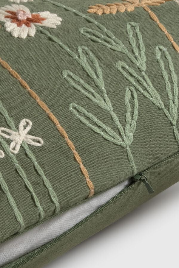 Textura Capa de almofada em algod&atilde;o com bordado floral verde