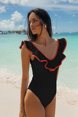 Gogana Fato de banho com folho decote em V preto