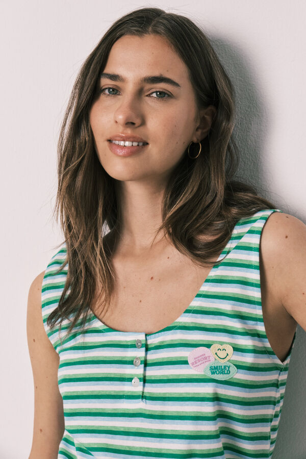 Women'secret Pijama curto de al&ccedil;as em algod&atilde;o SmileyWorld&reg; riscas verde verde