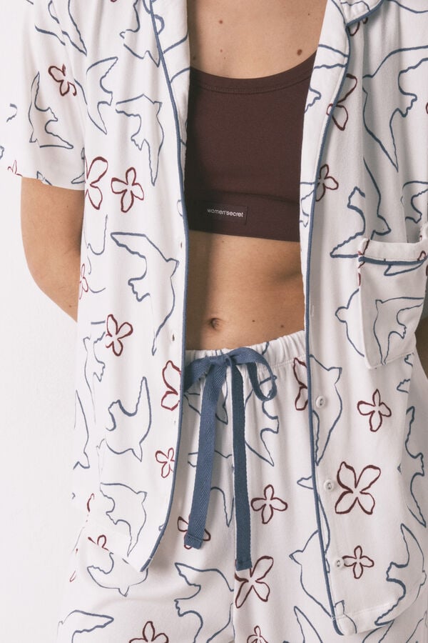 Women'secret Pijama camiseiro estampado de p&aacute;ssaros em algod&atilde;o branco branco