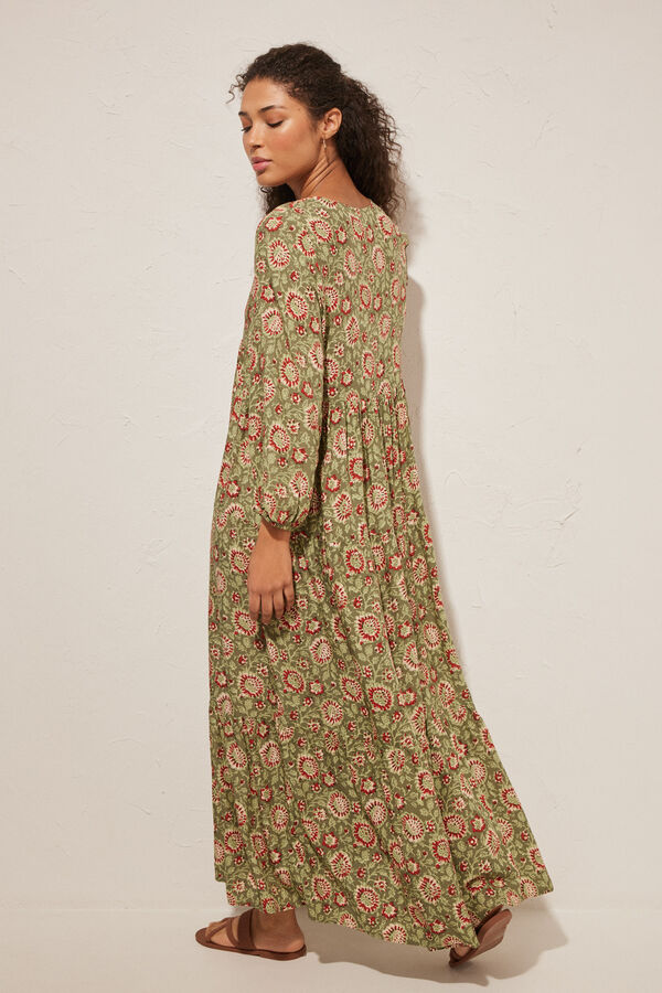 Womensecret Long dress with a multicoloured print on a green background green