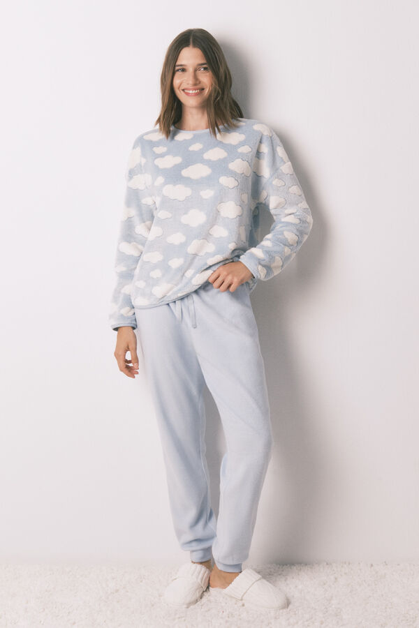 Women'secret Pijama comprido polar mousse nuvens azul