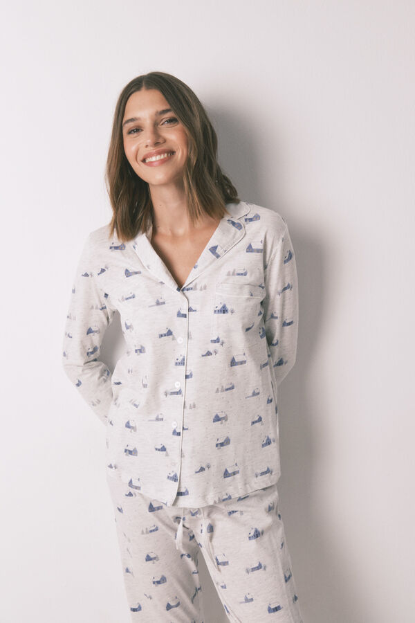 Women'secret Pijama camiseiro longo 100% algodão cinza com estampa de casa cinzento