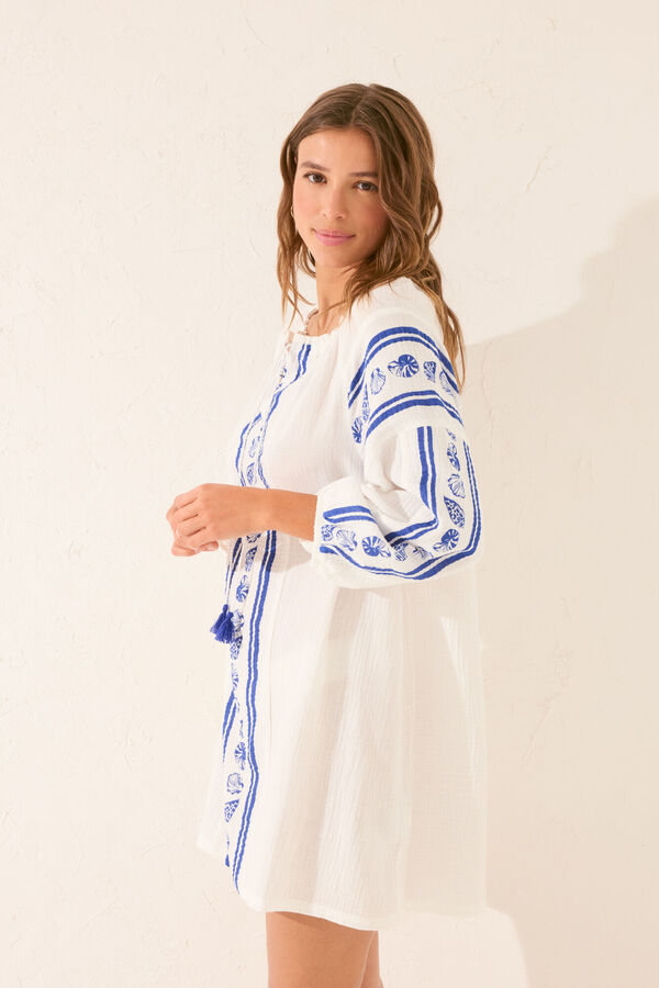 Women'secret Short muslin tunic with shell print beige