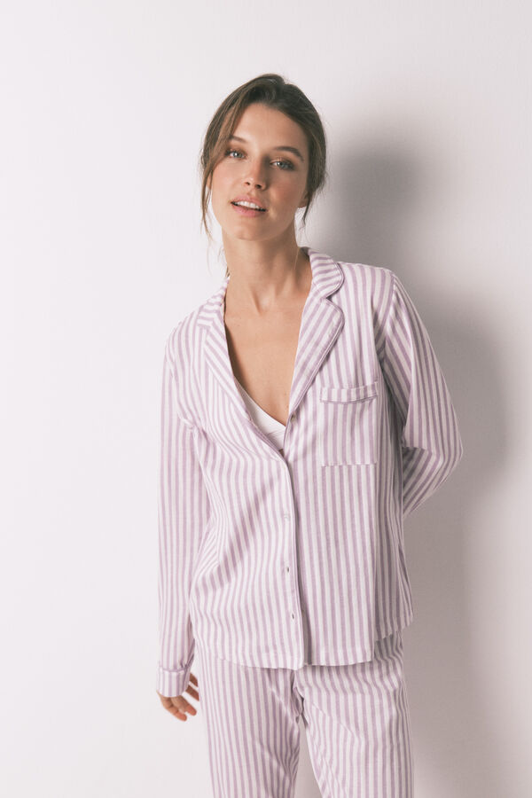 Women'secret Pijama camiseiro longo 100% algodão com riscas lilás rosa