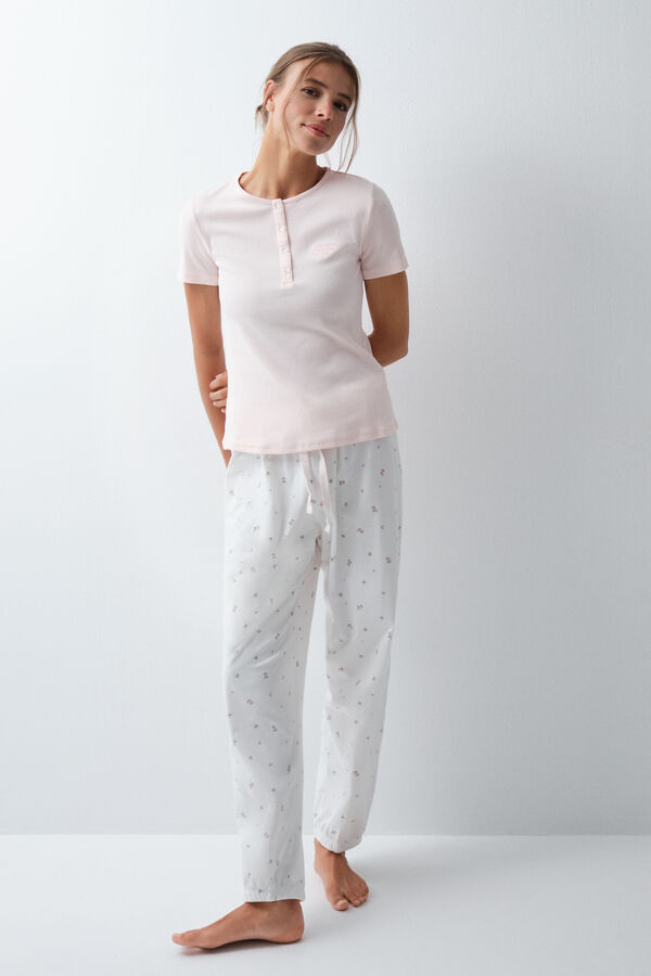 Women'secret Pijama comprido de manga curta em algod&atilde;o com estampado floral rosa claro rosa