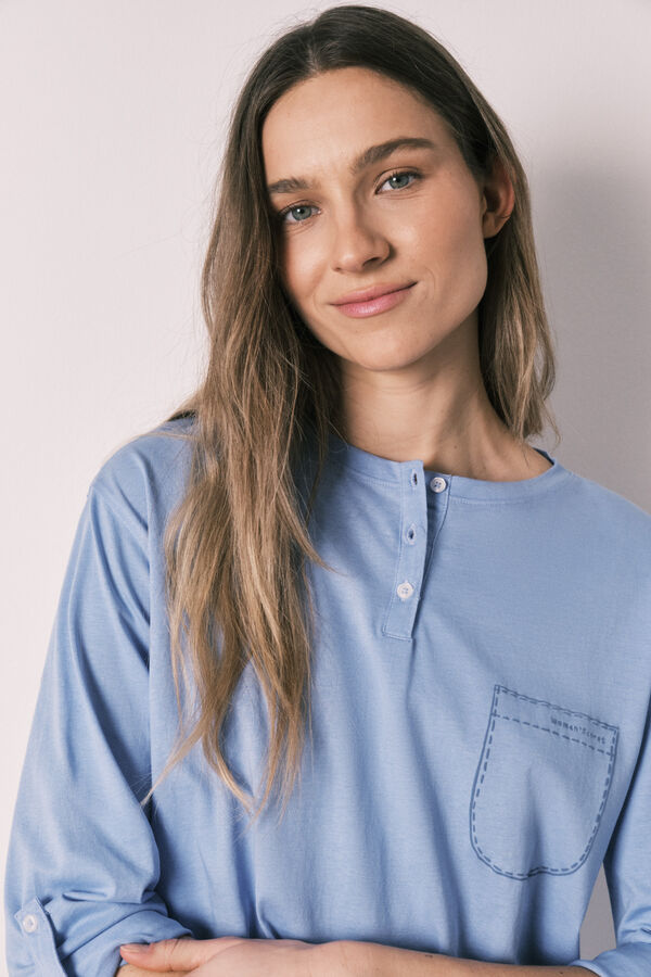 Women'secret Pijama comprido com cal&ccedil;as &agrave;s riscas em algod&atilde;o azul azul