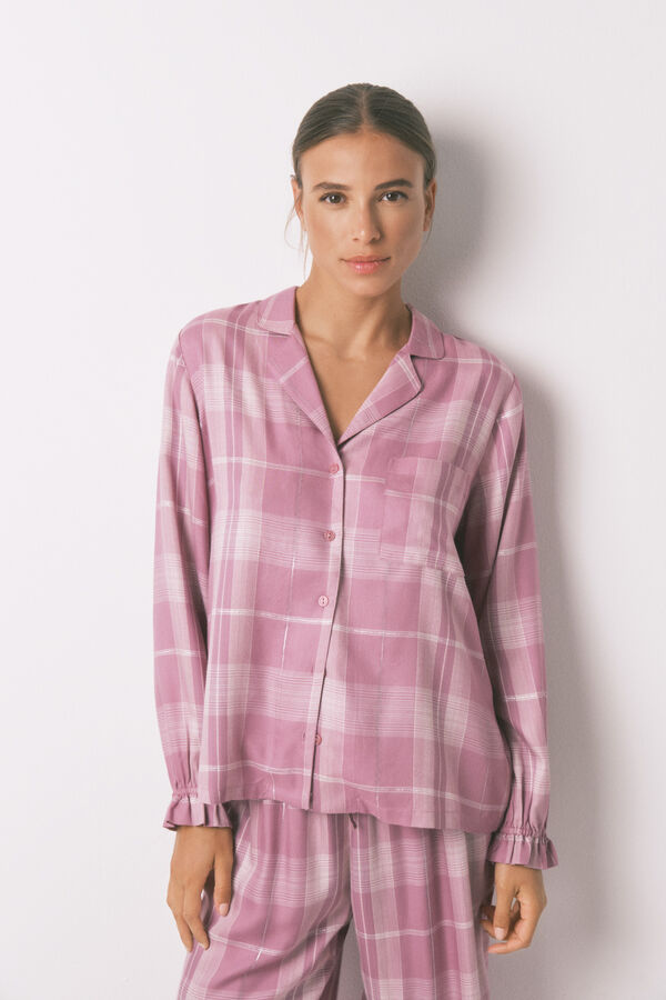 Women'secret Pijama camiseiro longo de viscose xadrez rosa rosa
