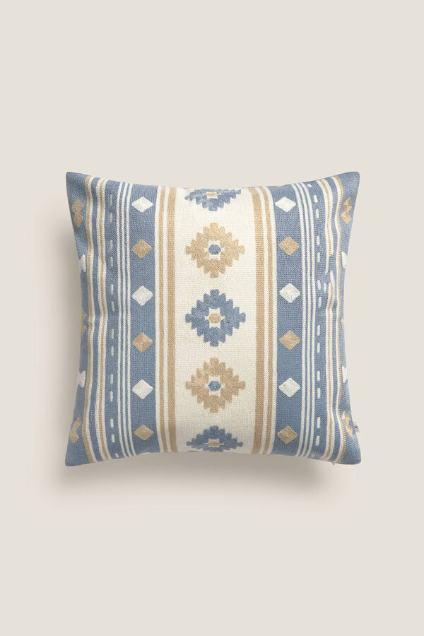 Textura Capa de almofada com fio tingido e desenho geométrico azul