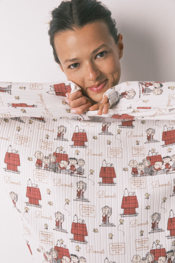 Women'secret Pijama longo em canelada extrassuave branco do Snoopy bege