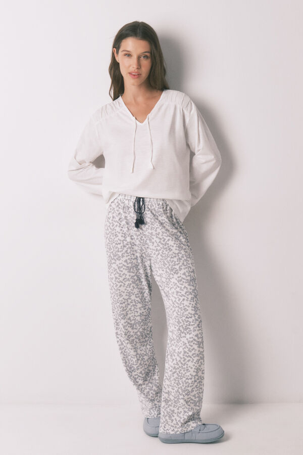 Women'secret T-shirt manga comprida franzida em algod&atilde;o branco bege