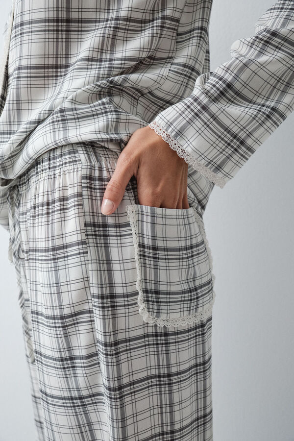 Women'secret Pijama comprido camiseiro em xadrez com detalhes em renda branco