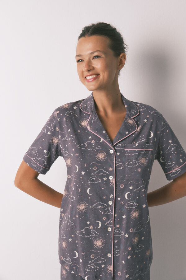 Women'secret Pijama camiseiro 100% algodão cinza com estampado astral cinzento