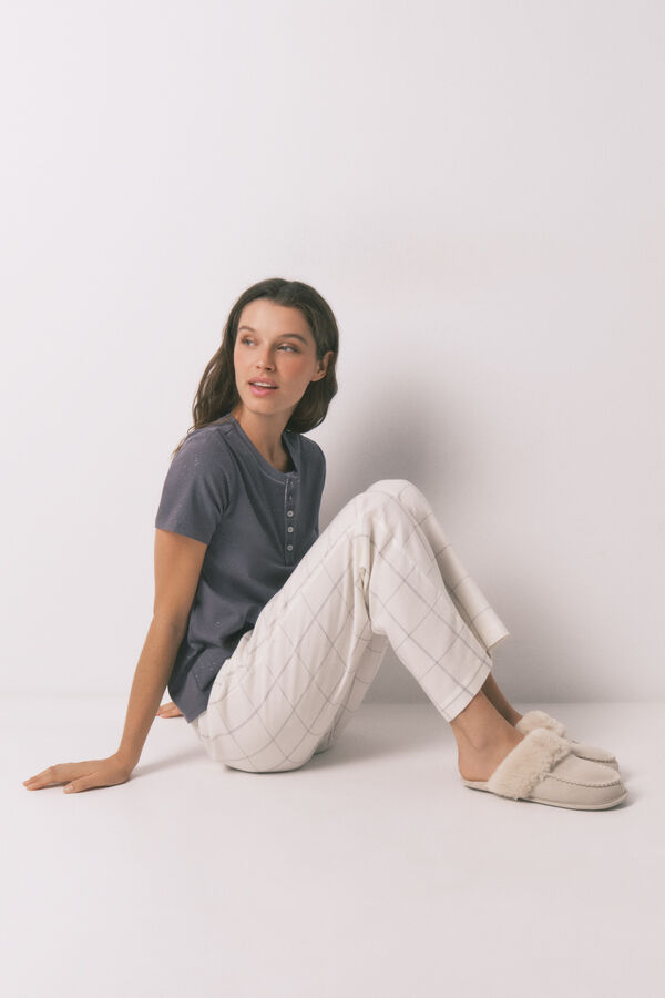 Women'secret Calça comprida de flanela branca com estampa xadrez bege