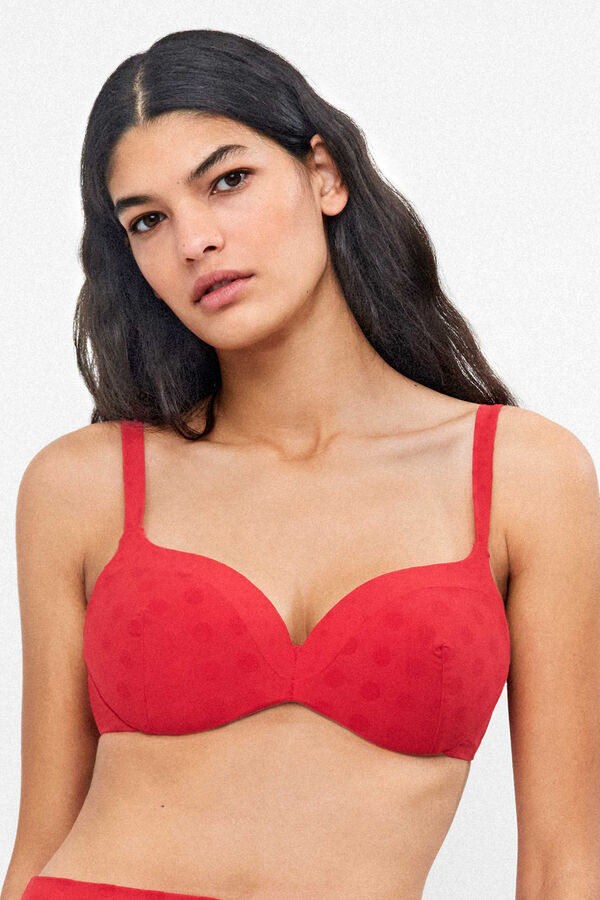 Gisela Top biqu&iacute;ni com aros jacquard bolinhas vermelho