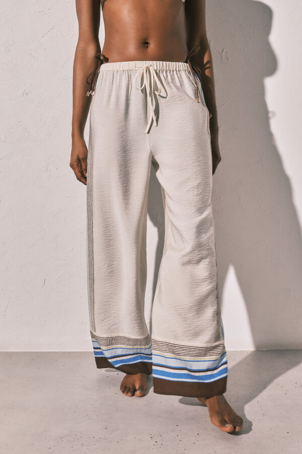 Women'secret Cal&ccedil;a comprida fluida &agrave;s riscas castanha bege