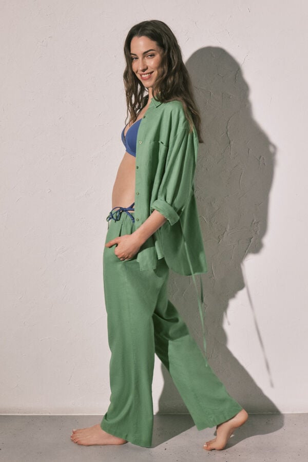 Women'secret Cal&ccedil;as compridas de linho verde verde