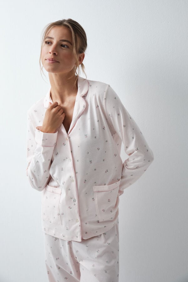 Women'secret Pijama comprido camiseiro em algod&atilde;o com estampado de flores rosa
