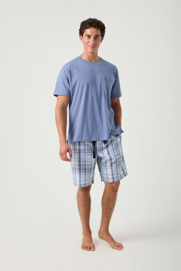 Kiff-Kiff Pijama curto combinado cal&ccedil;as xadrez azuis e T-shirt azul claro azul