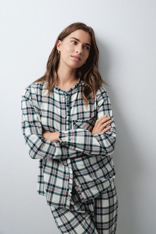 Women'secret Pijama comprido camisa gola mao aos quadrados bege