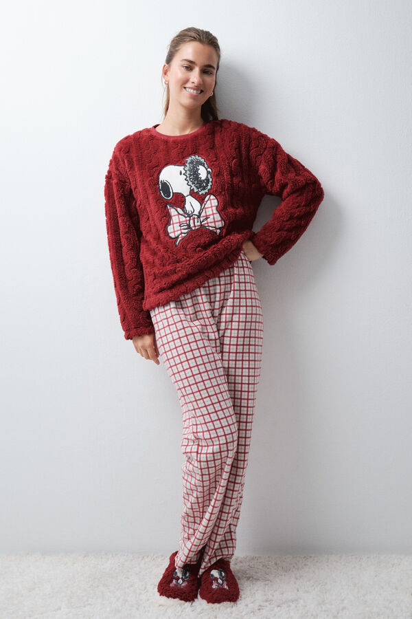 Women'secret Pijama comprido aos quadrados Snoopy polar vermelho