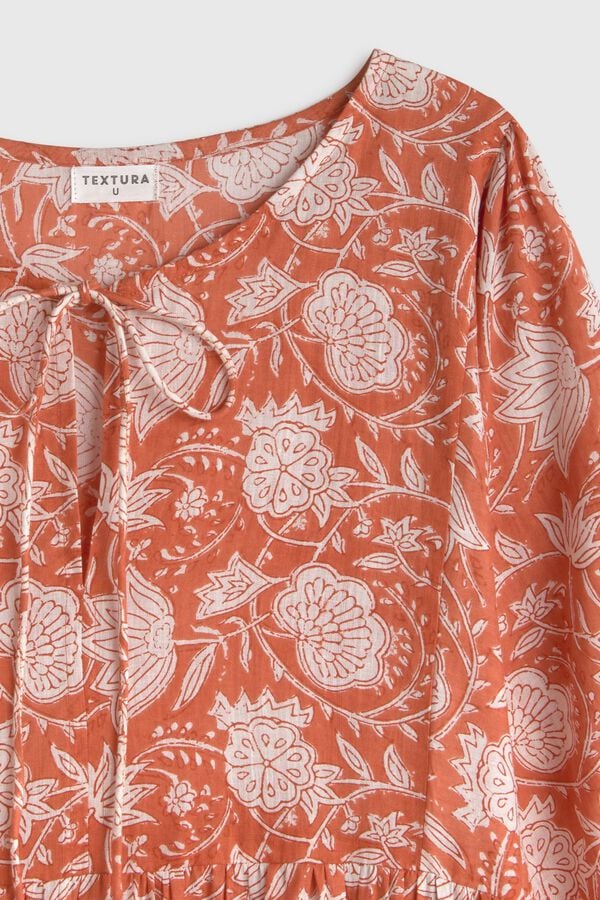 Textura T&uacute;nica comprida em algod&atilde;o estampada vermelho