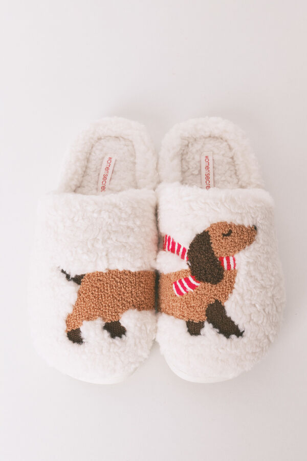 Women'secret Chinelos de quarto de pelo com desenho de c&atilde;es bege