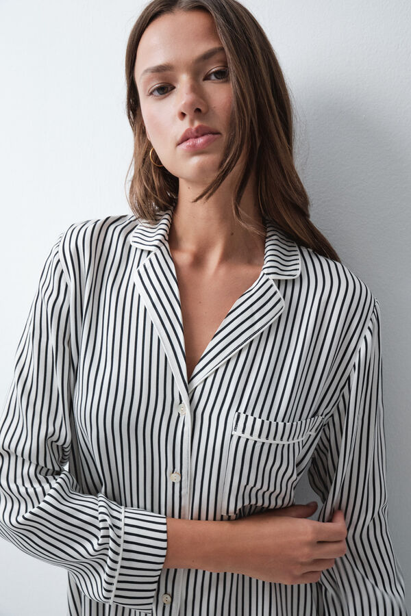 Women'secret Pijama comprido camiseiro de riscas branco e preto preto
