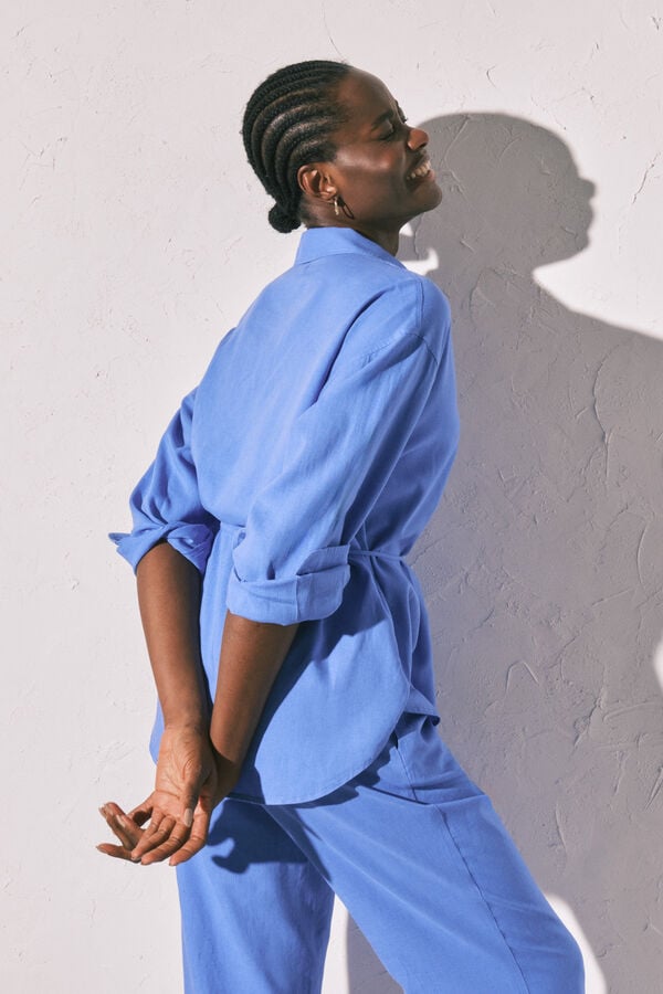 Women'secret Camisa de manga comprida em linho azul azul