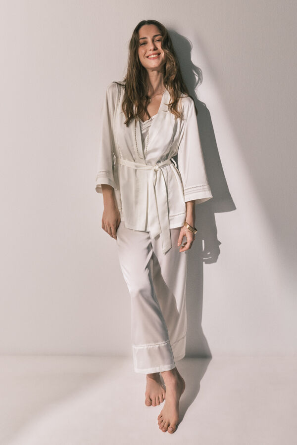 Women'secret Conjunto pijama comprido e robe cetim branco bege