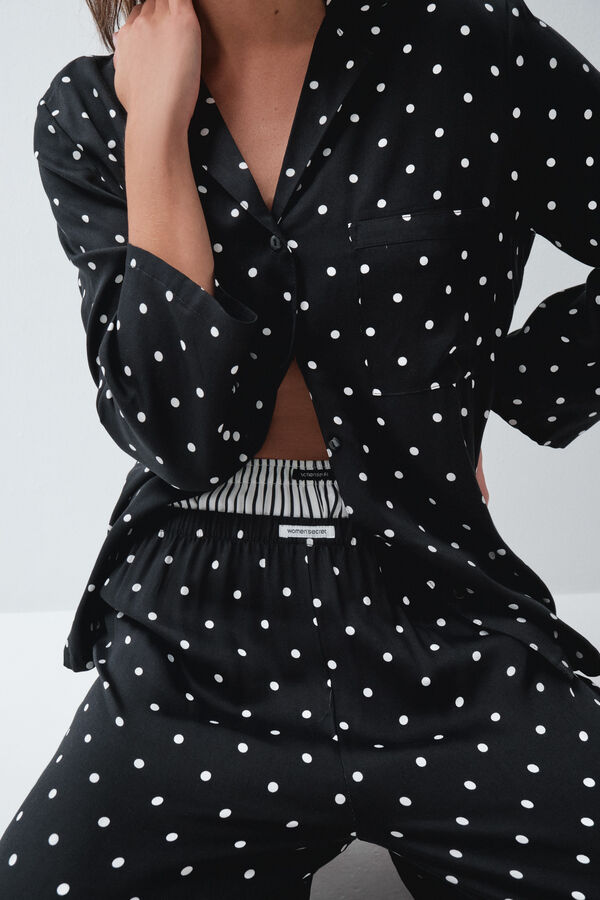 Women'secret Pijama comprido camiseiro preto de bolinhas preto
